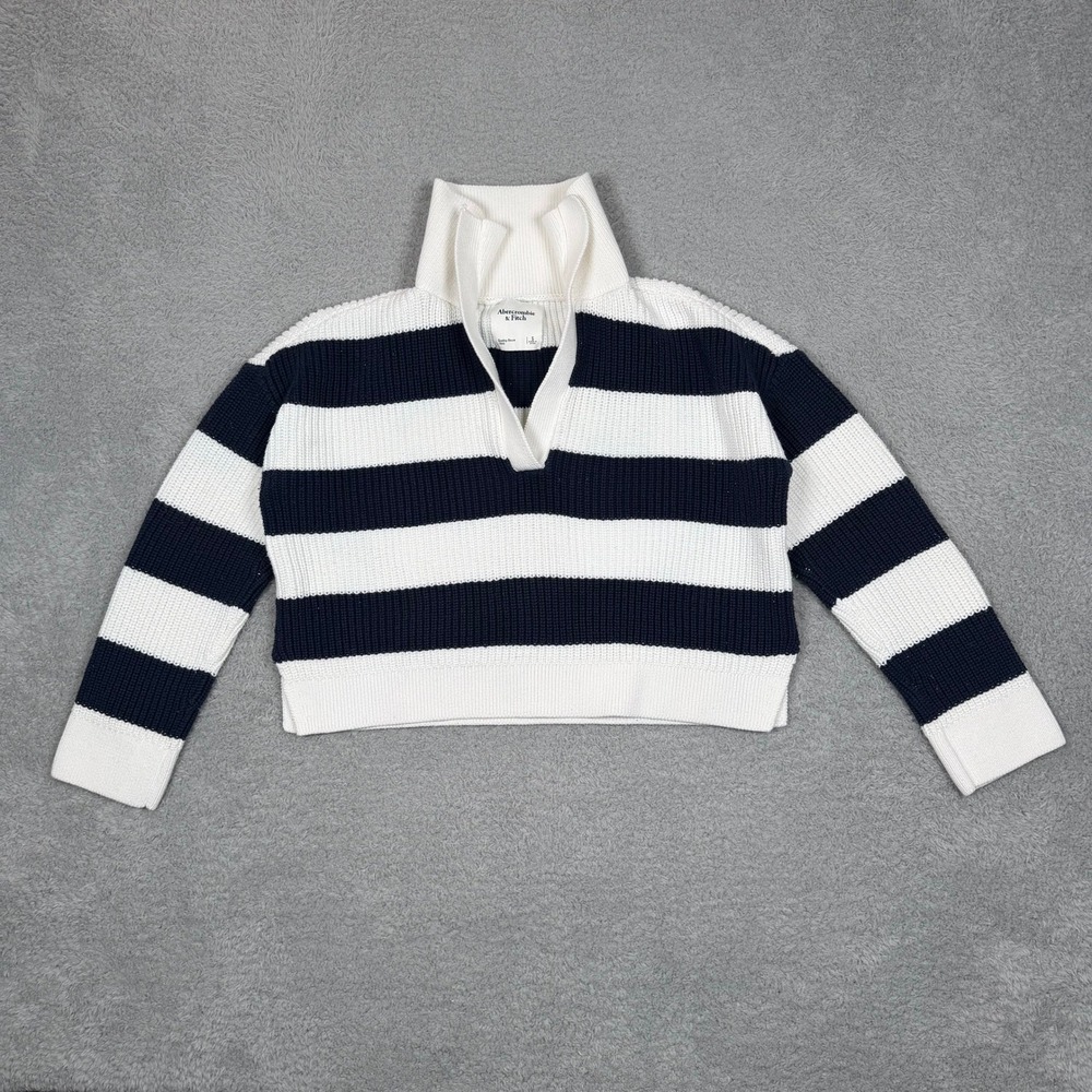VTG Abercrombie & Fitch Women Navy White Striped Split Neck Turtleneck Sweater S